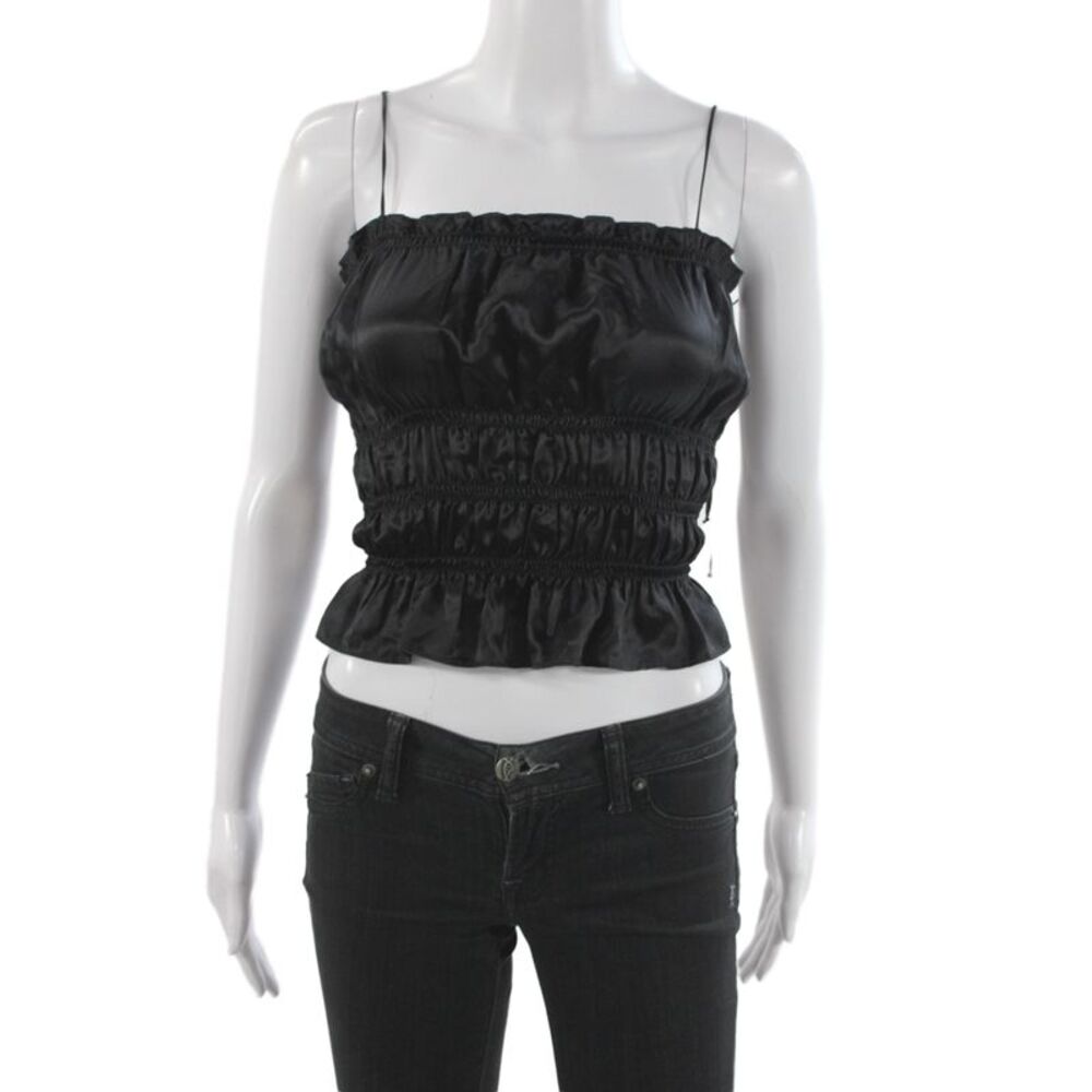 Reformation Women Cropped Silk Camisole Black Square Neck Sleeveless Size S